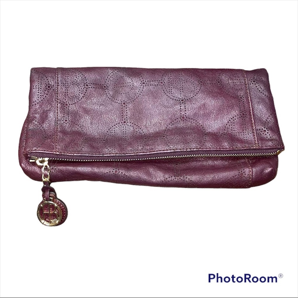 henri bendel Plum Leather Fold-Over Clutch with Gold Accent
